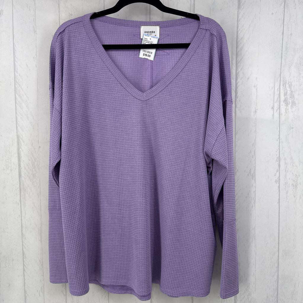 3X waffle knit v-neck l/s top