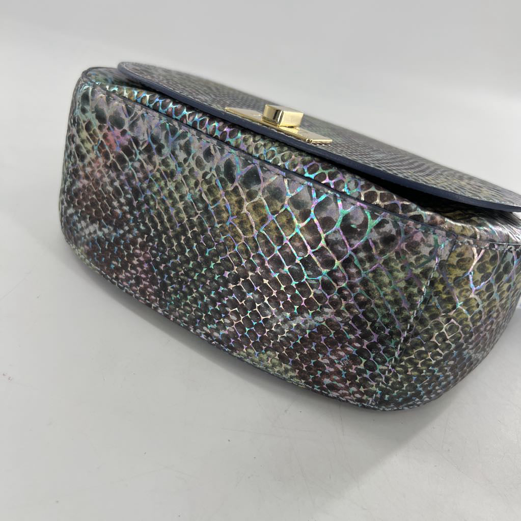 metallic python embossed flap turn lock crossbody