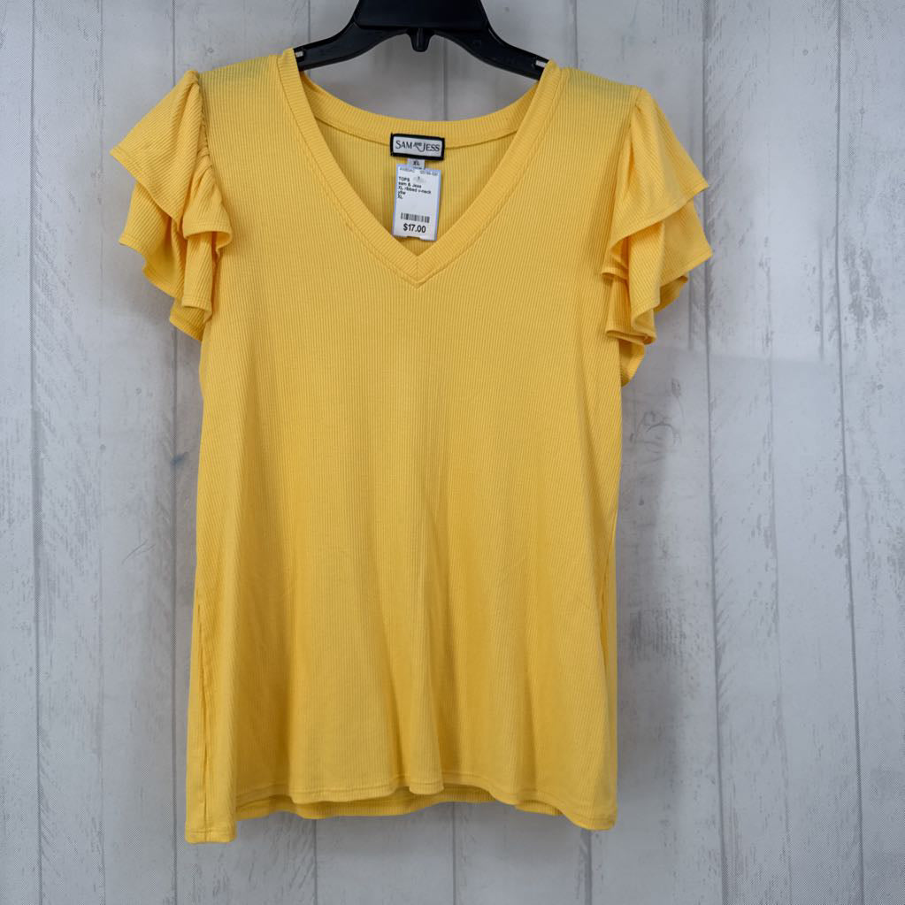 XL ribbed v-neck ruffled slv top