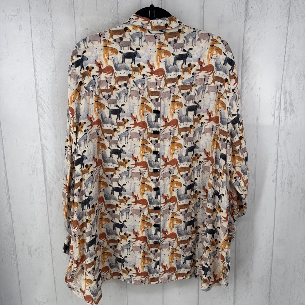 1X puppy dog print button down l/s top