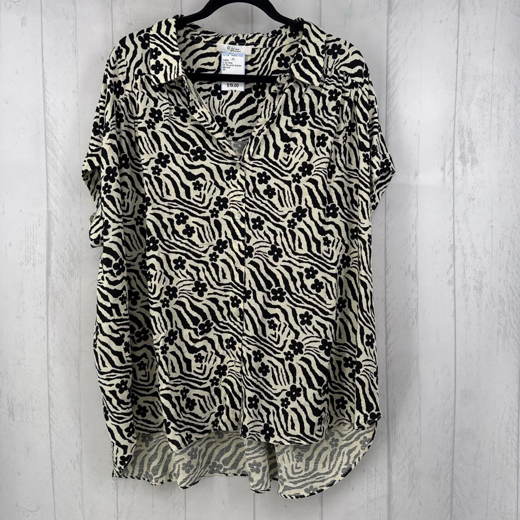 2X flo print button down s/s top