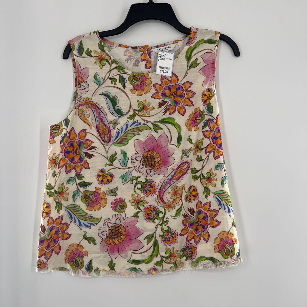 S flo print raw hem tank