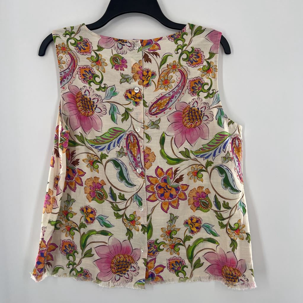 S flo print raw hem tank