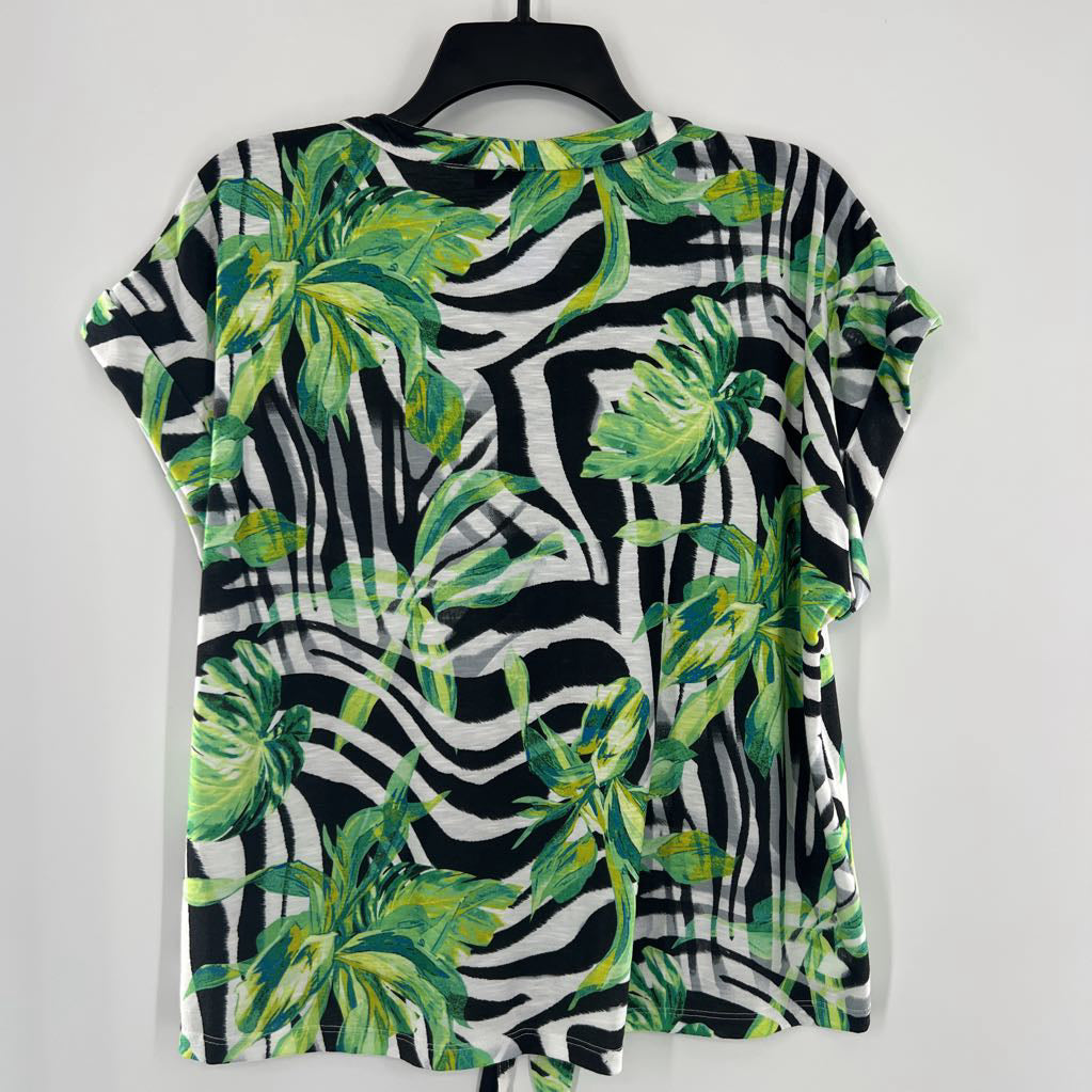 XL leaf print embelished button down cap slv top