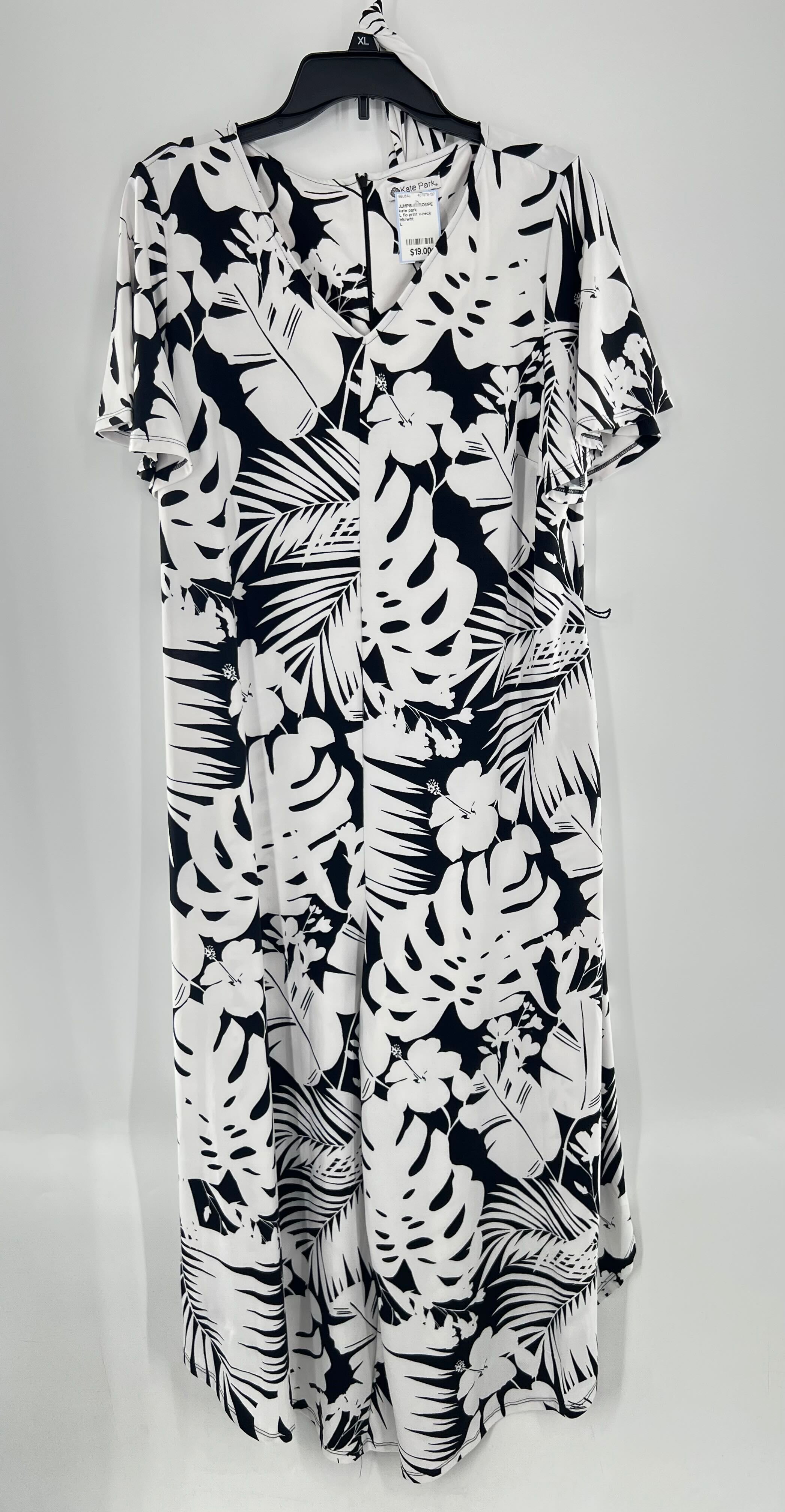 L flo print v-neck belted s/s jumpsuit