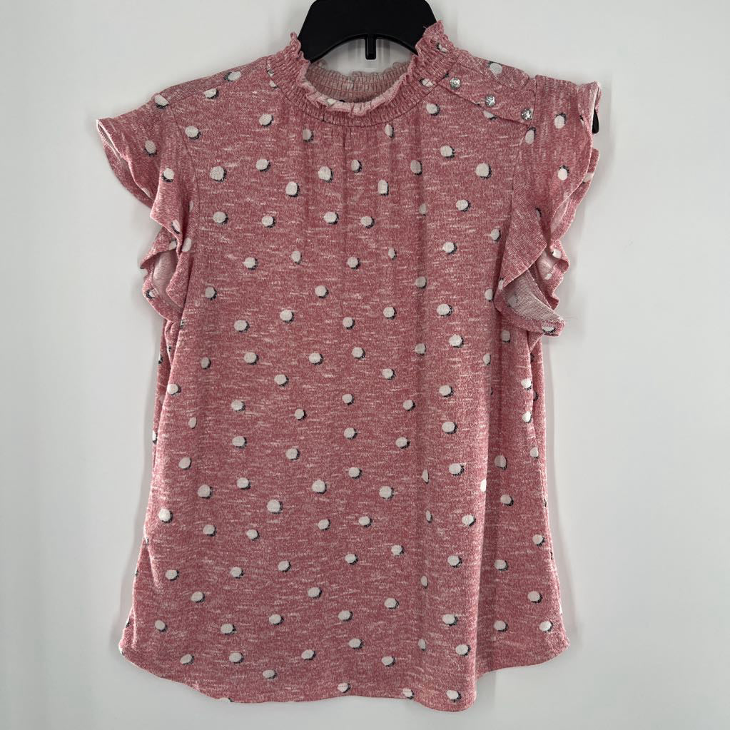 M polka dot mock neck flutter slv top