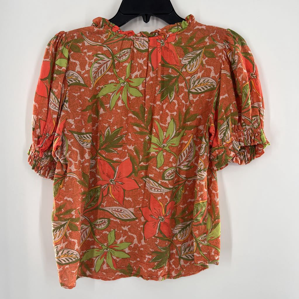 M flo print bow front notch neck s/s top