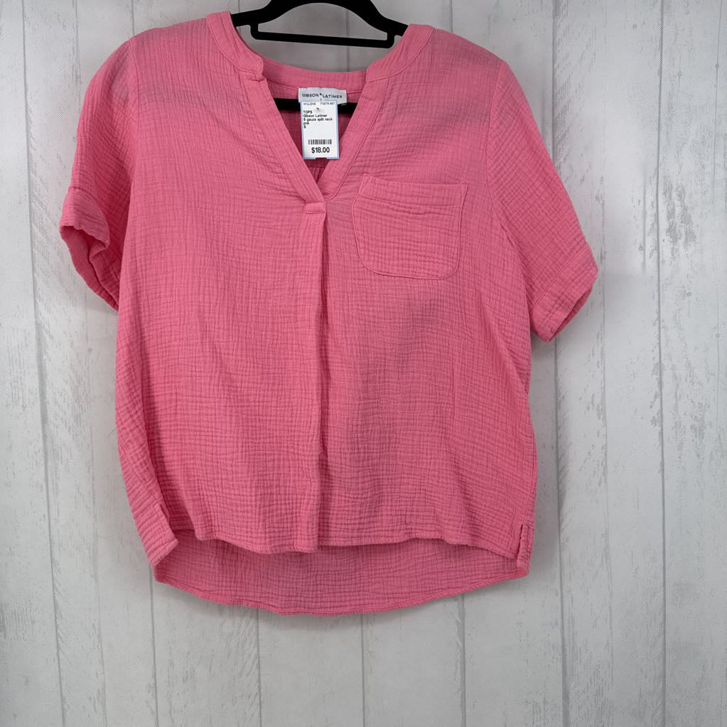 S gauze split neck s/s top