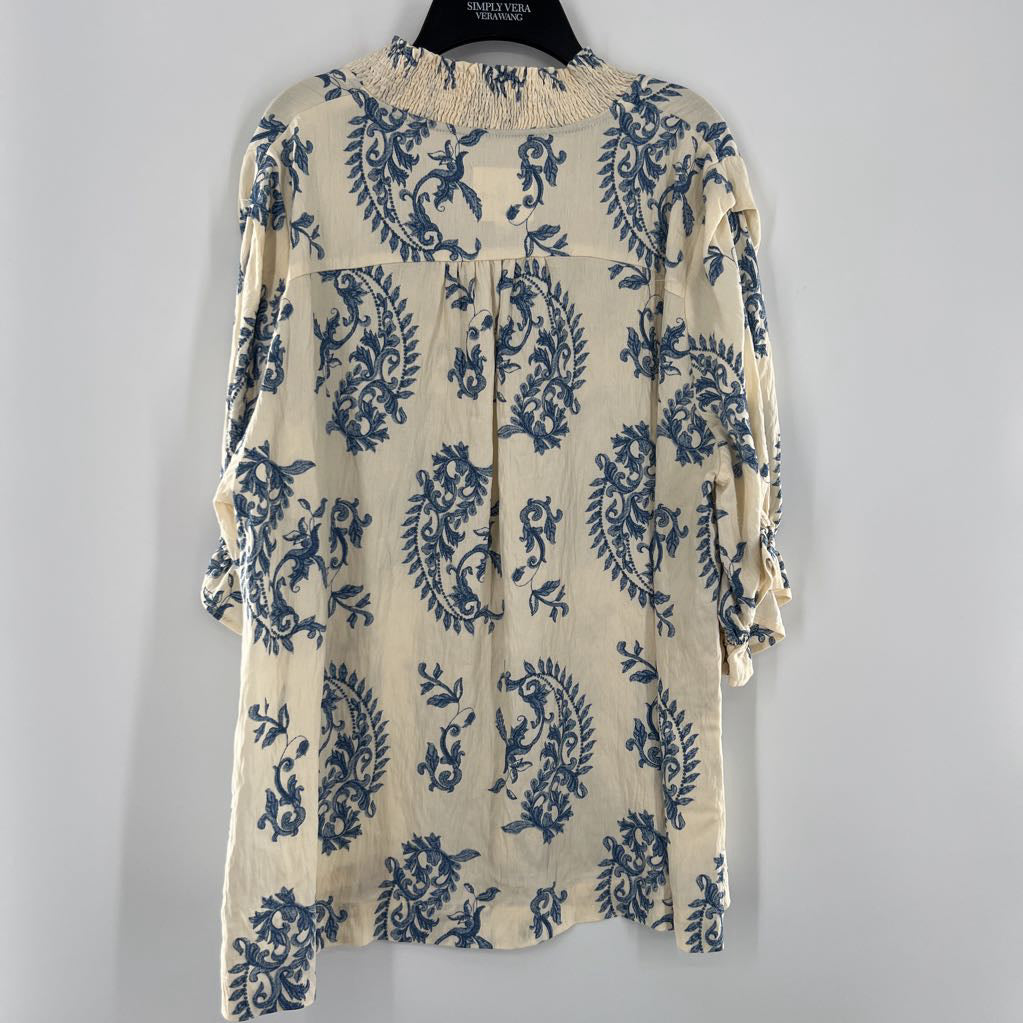 XL flo print smocked v-neck elbow slv top