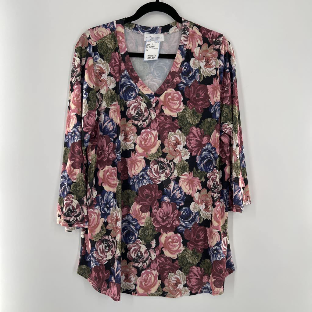 2XL v-neck flo print l/s top