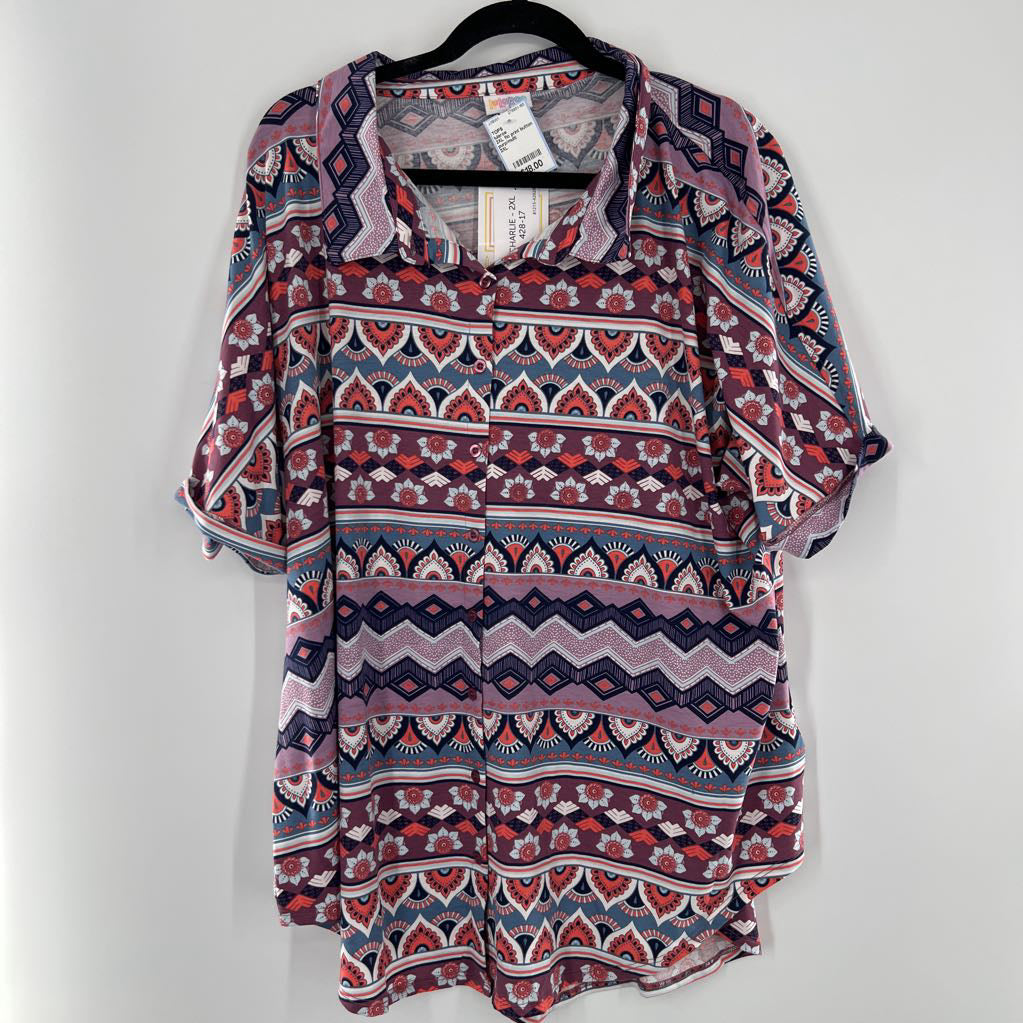 2XL flo print button down s/s top