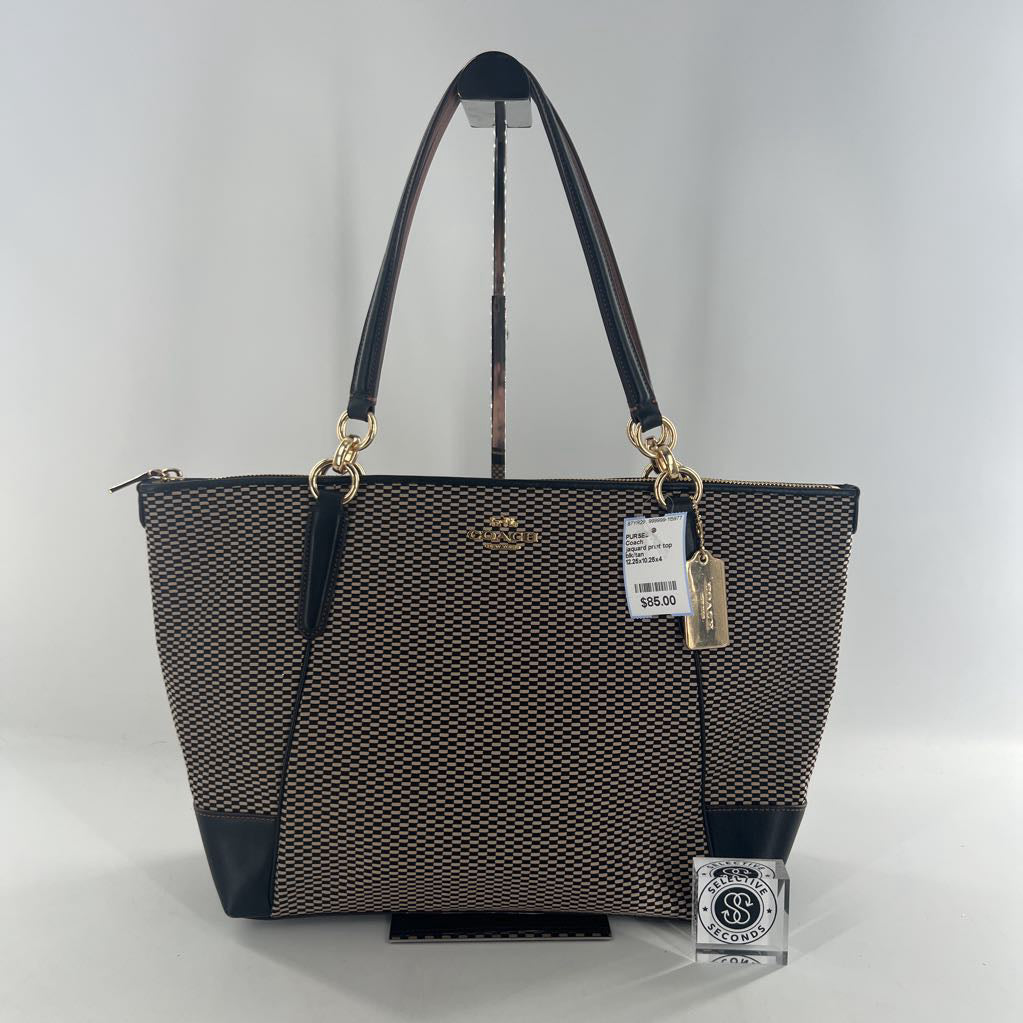 jaquard print top zip tote w/ slip pocket