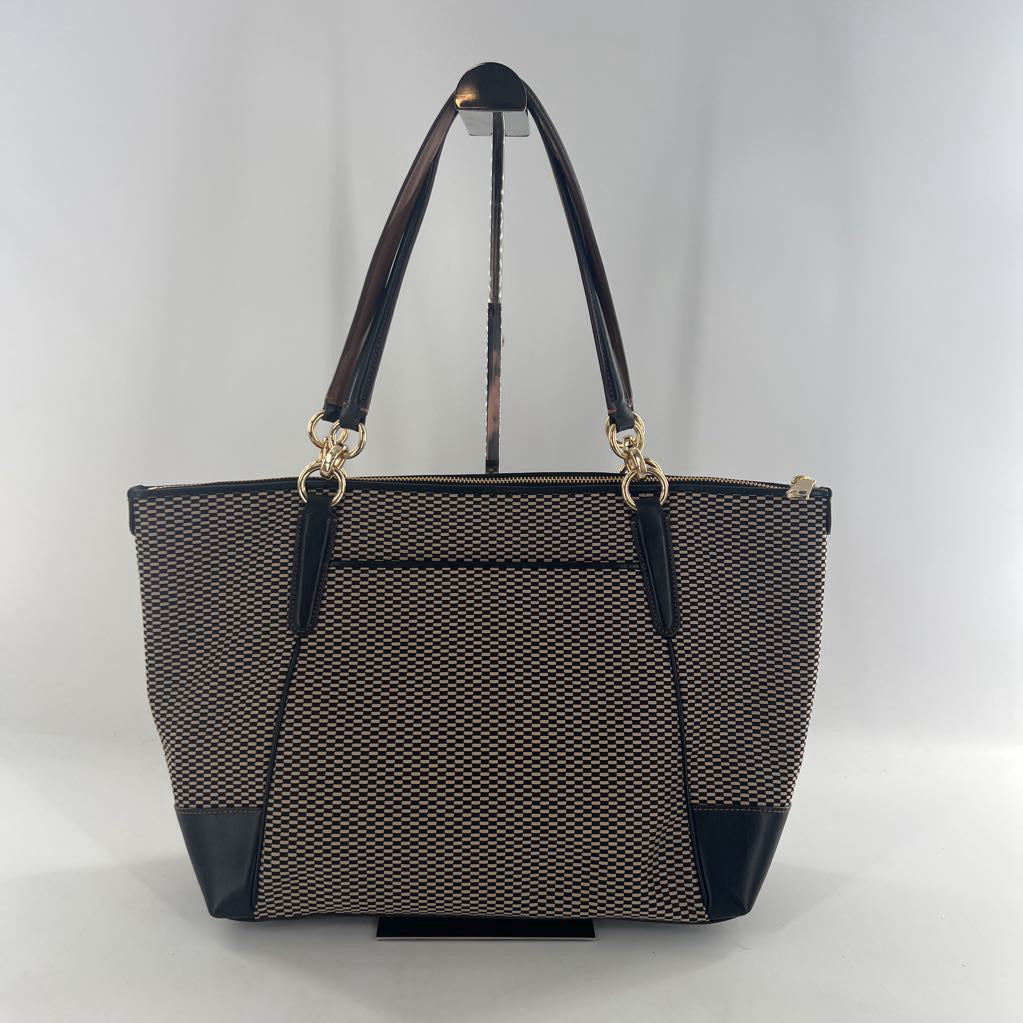 jaquard print top zip tote w/ slip pocket