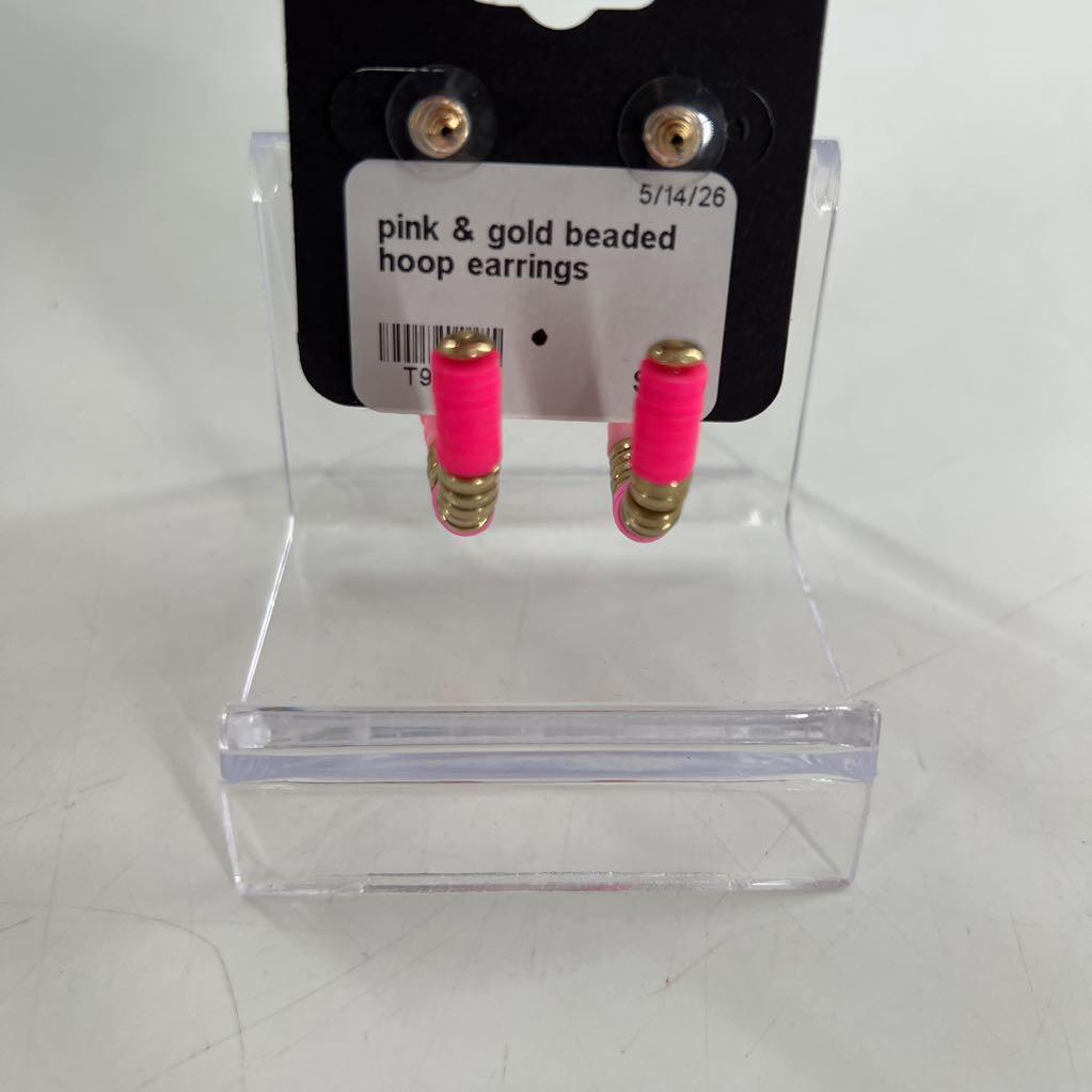 pink & gold beaded hoop earrings