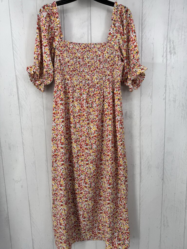 L flower print puffy slv maxi dress