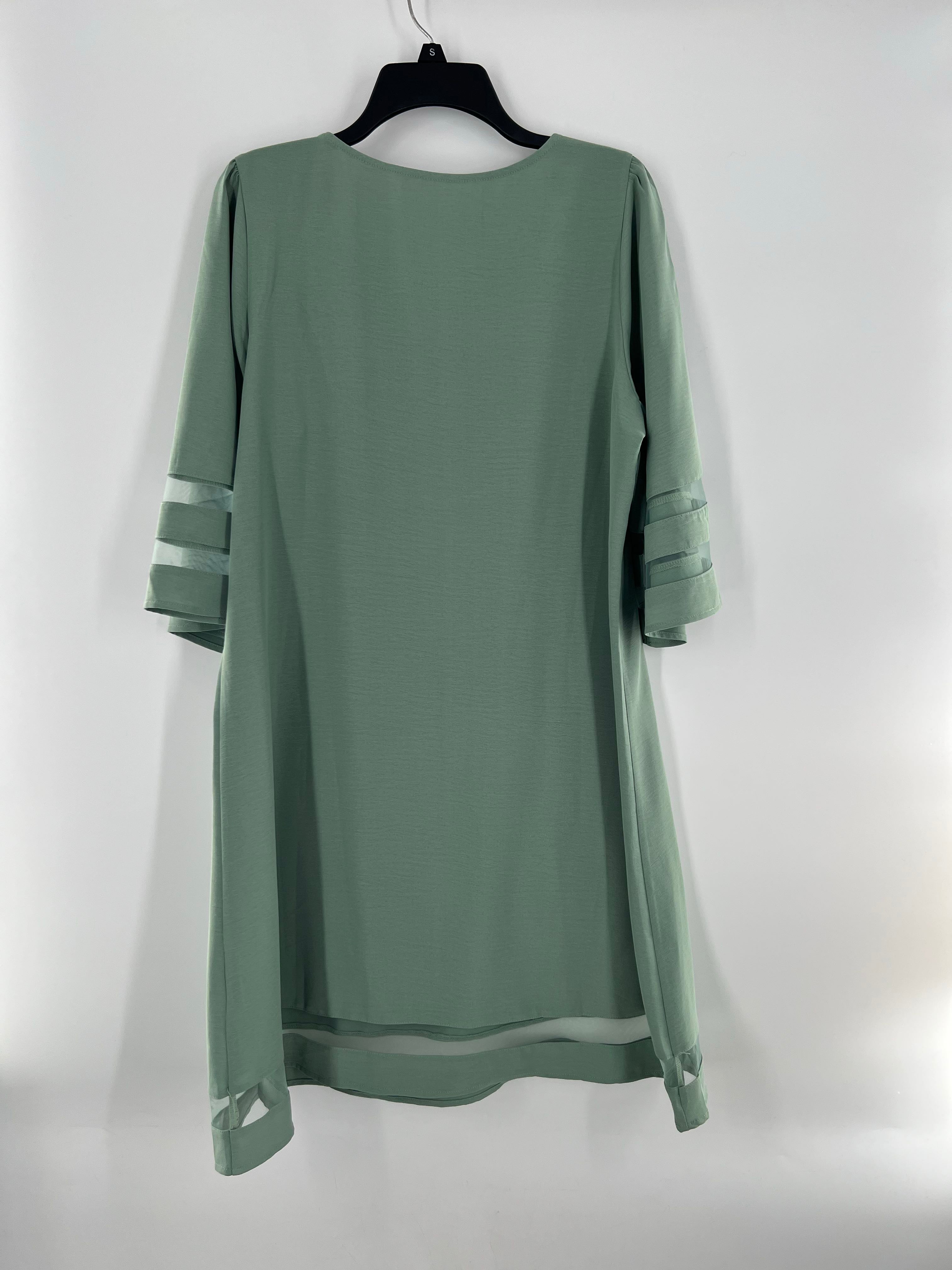 L round neck sheer striped trim elbow slv dress