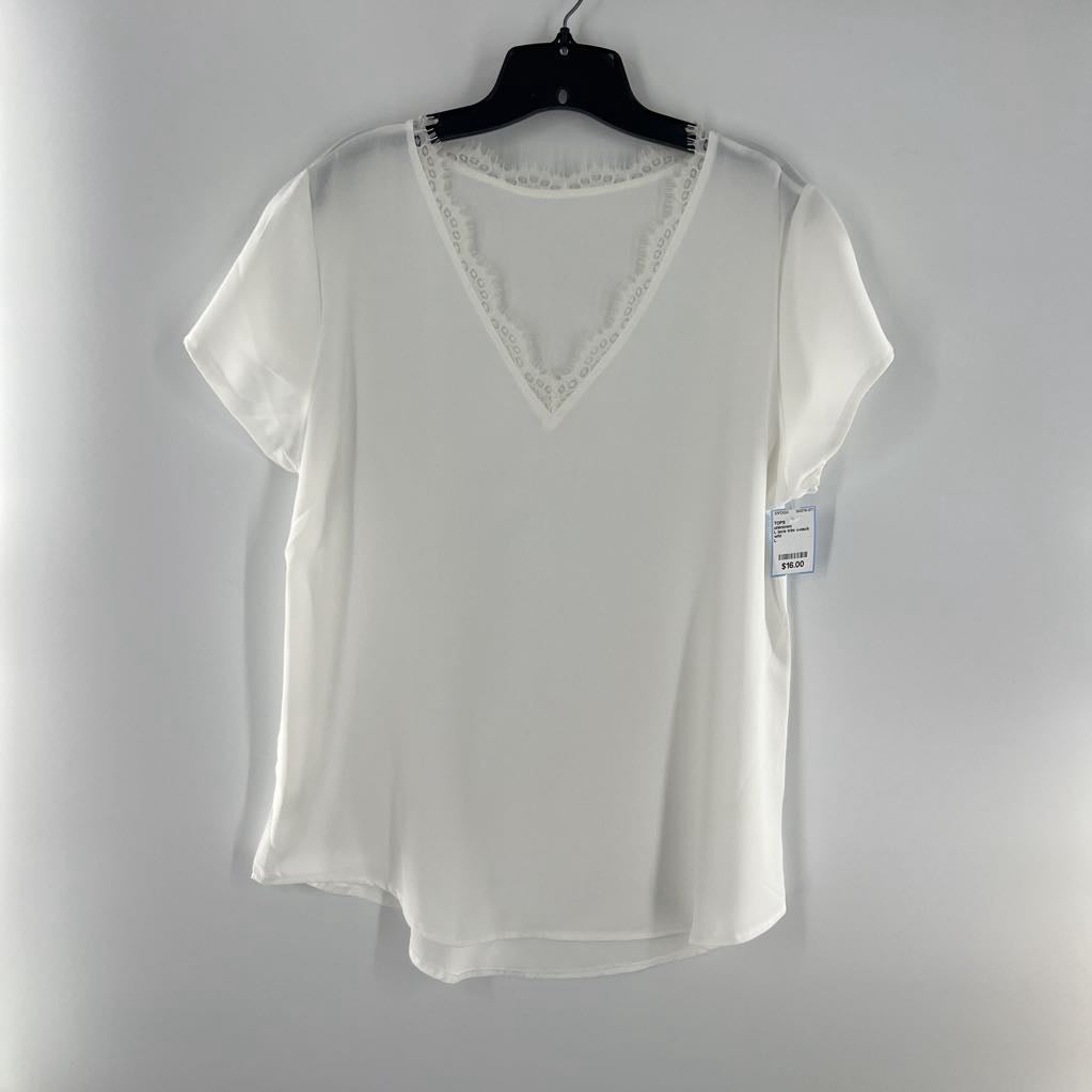 L lace trim v-neck s/s top