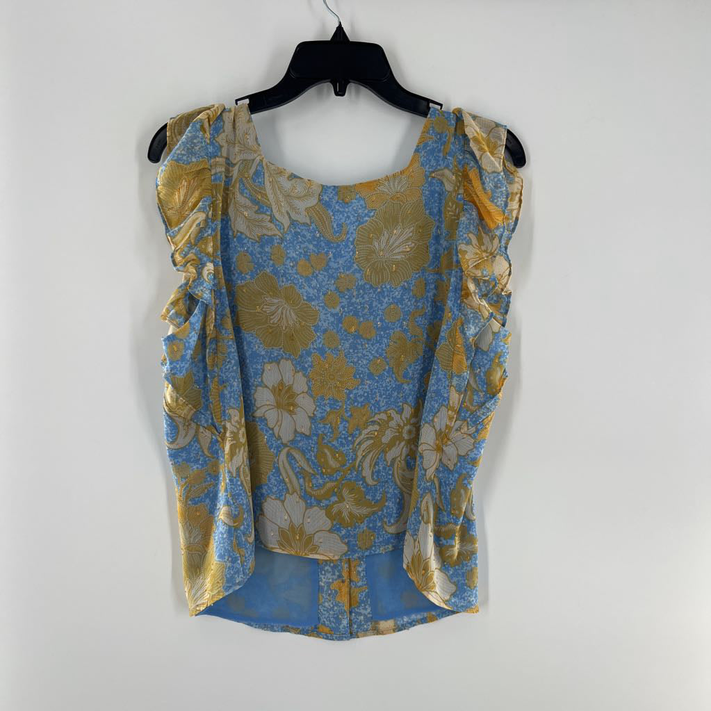 M embelished flo print ruffled slv top