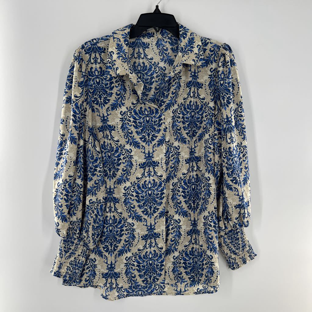 L medallion print button down l/s top