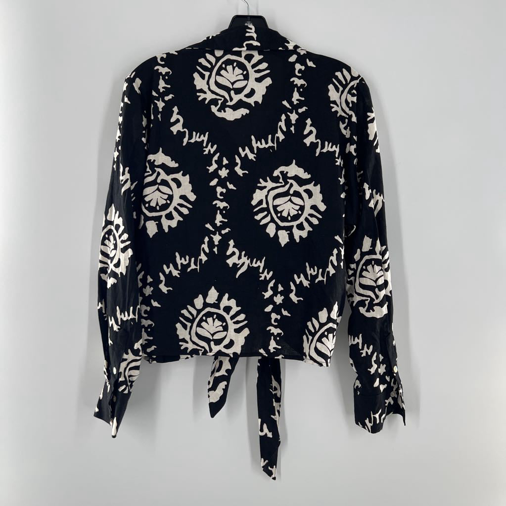 L damask print button down tie front l/s top