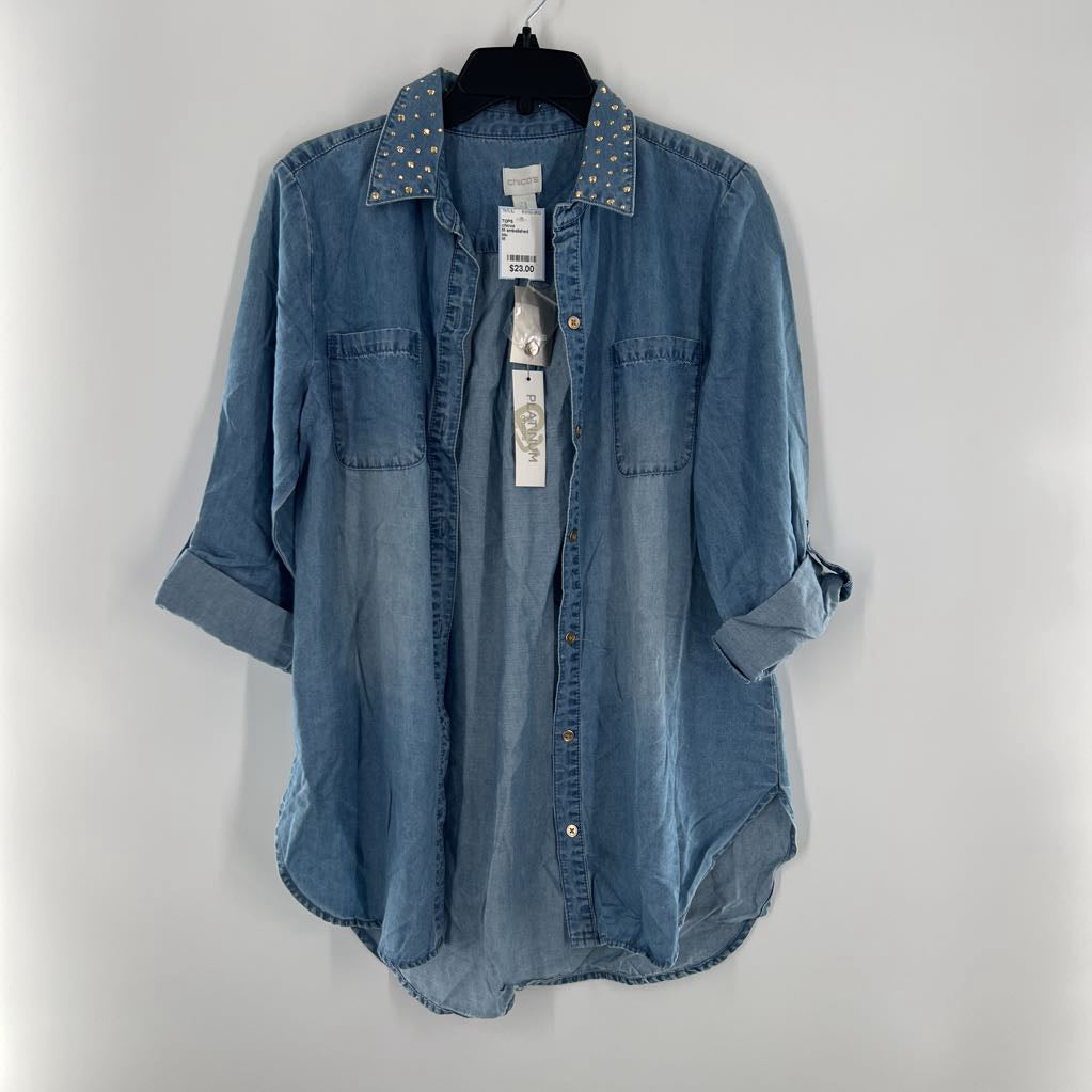 M embelished button down tab slv top