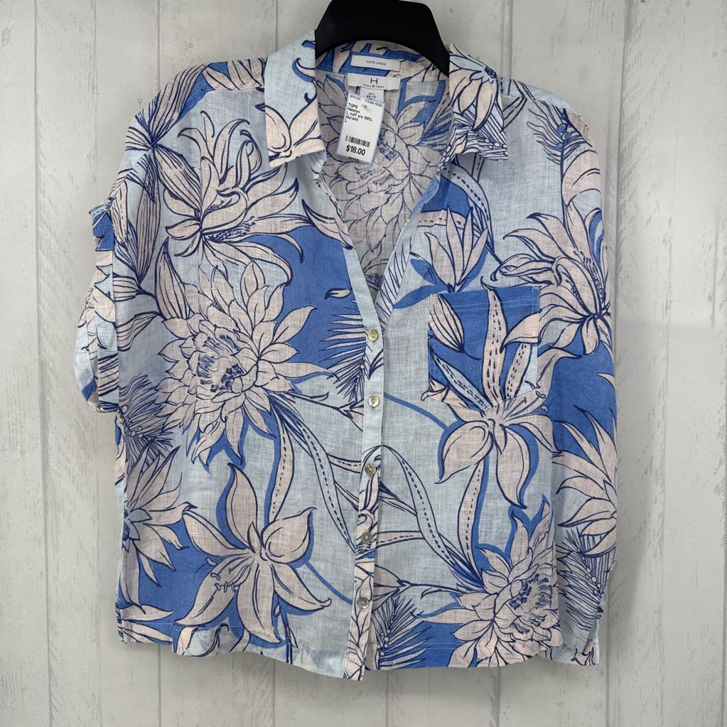 L cuff s/s 100% linen flower print button shirt