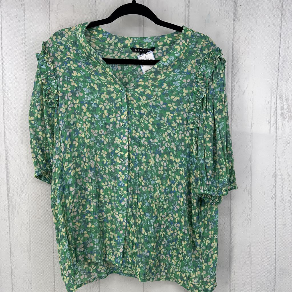 XL flo print button down elbow slv top