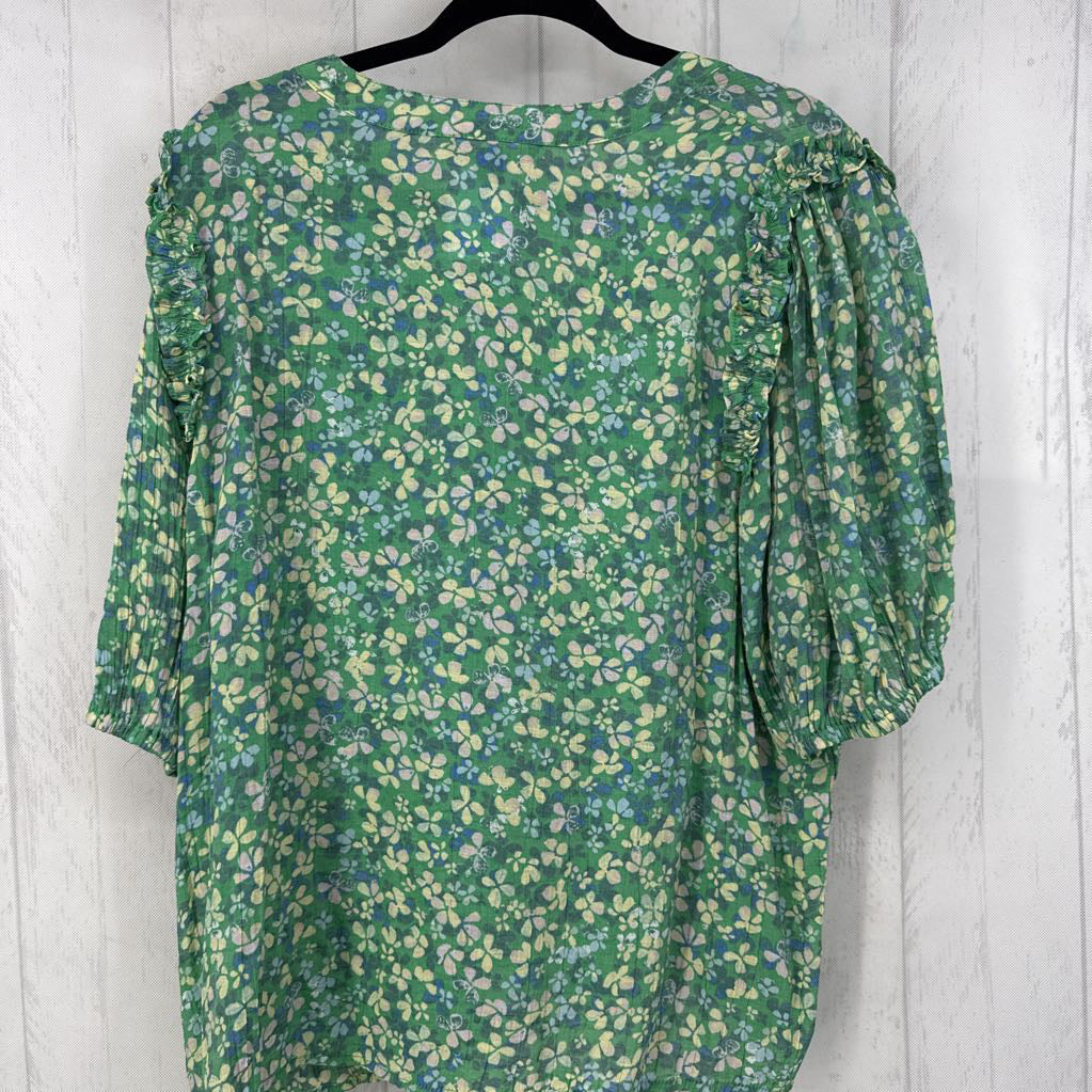 XL flo print button down elbow slv top