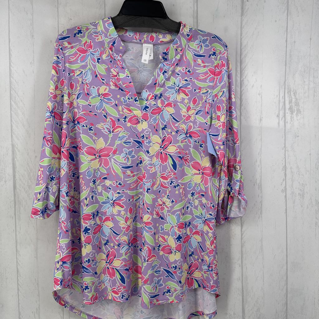 M split neck flo print tab slv top