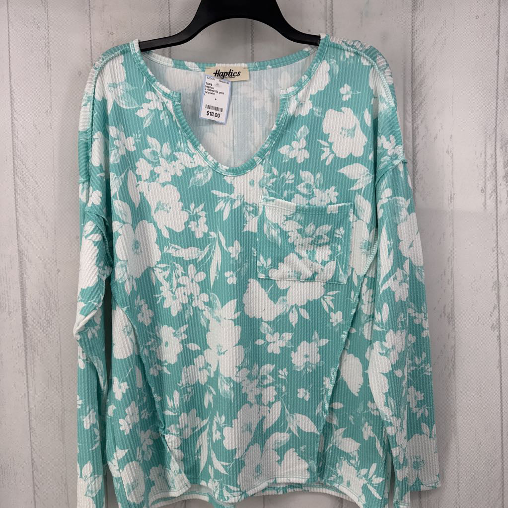 L ribbed flo print split neck l/s top
