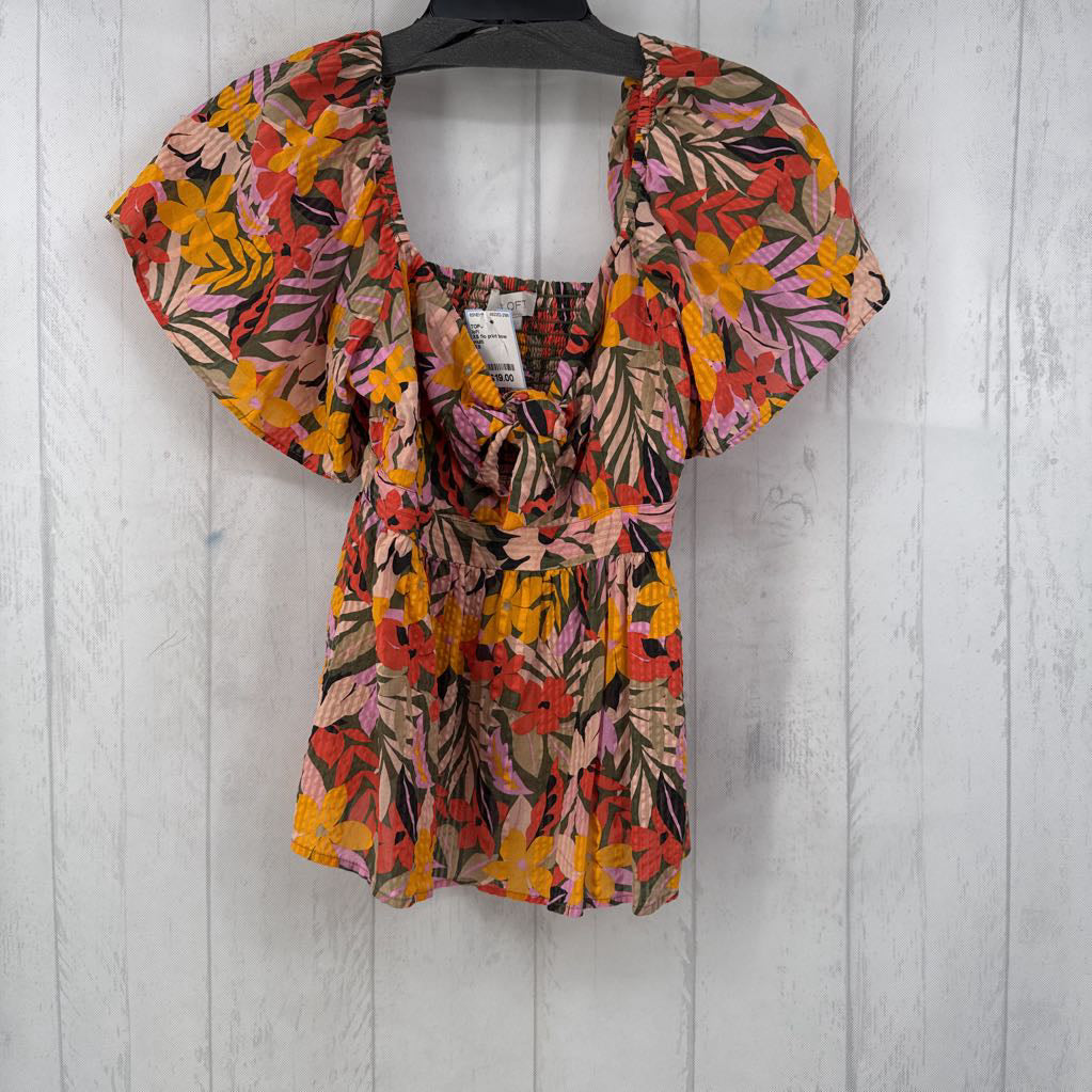 XS flo print bow front s/s top