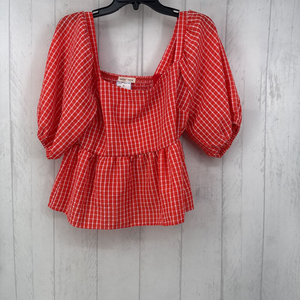 L checkered square neck pouff slv top