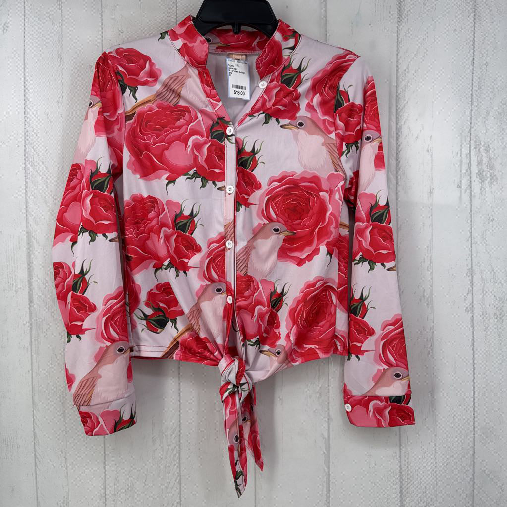 M printed button down tied hem l/s top