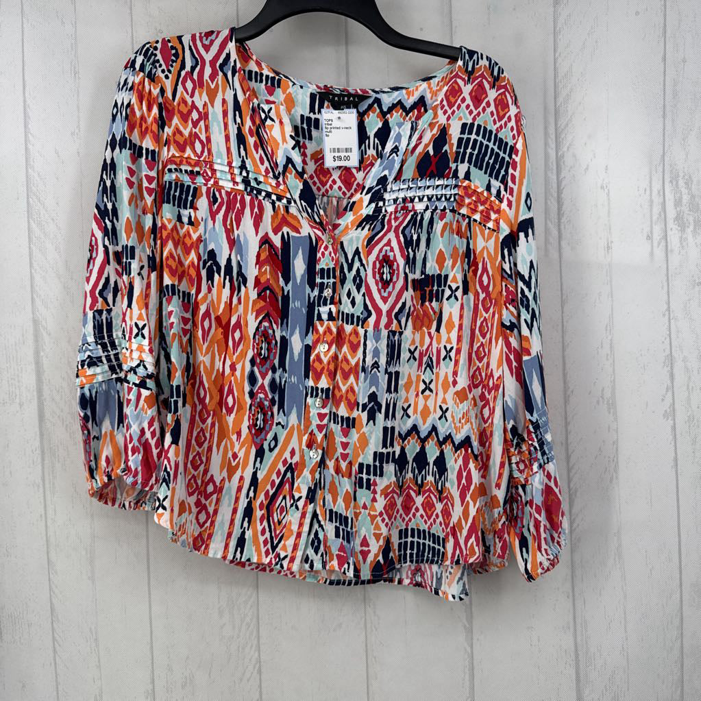Sp printed v-neck button down 3/4 slv top