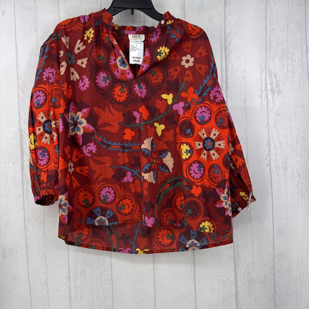 M split neck flo print 3/4 slv top