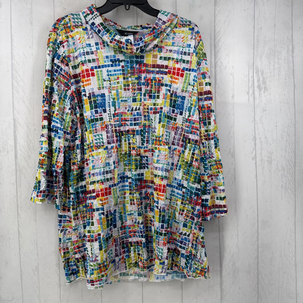 XL printed cowl neck 3/4 slv top