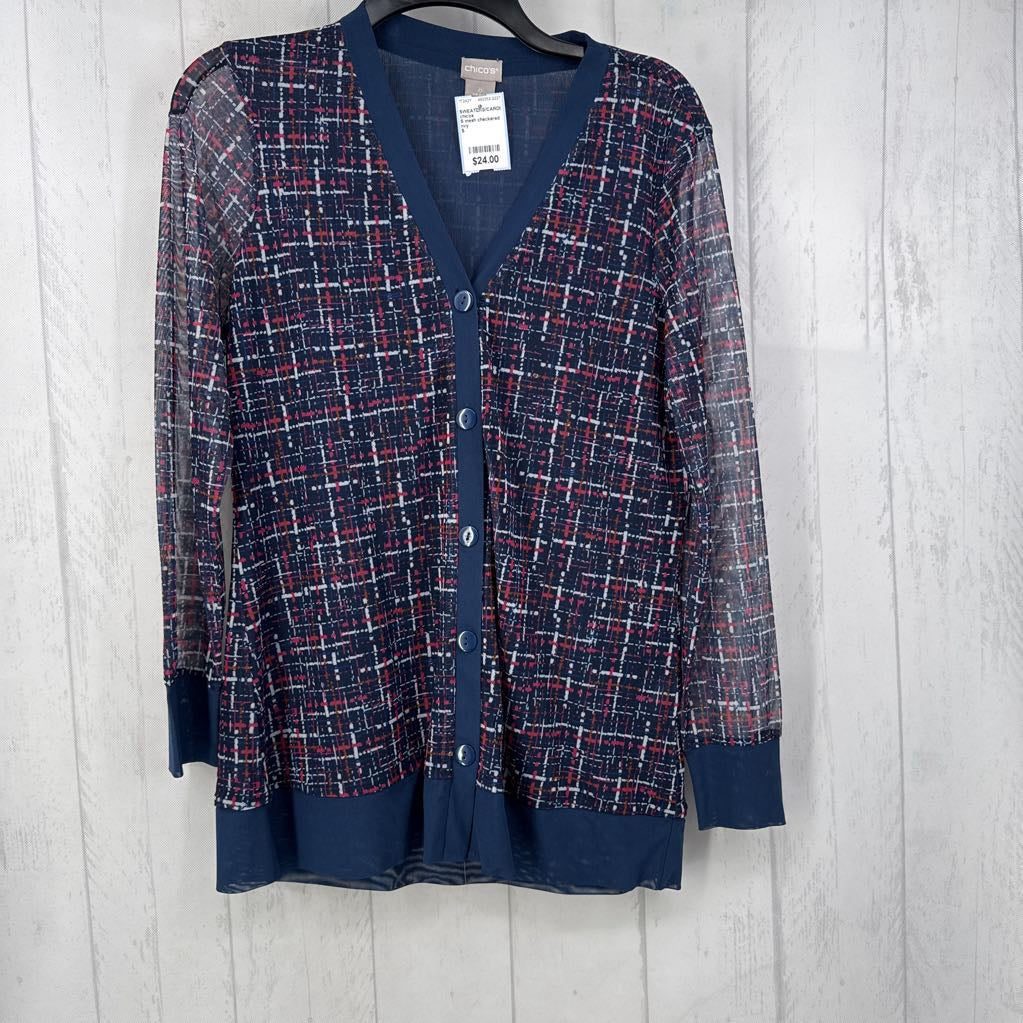 S mesh checkered button down cardi