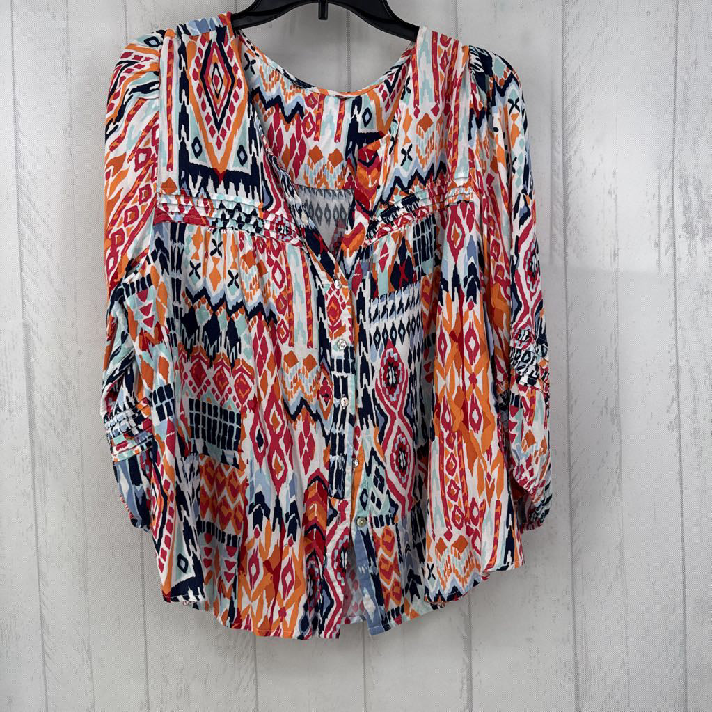 M printed button down 3/4 slv top