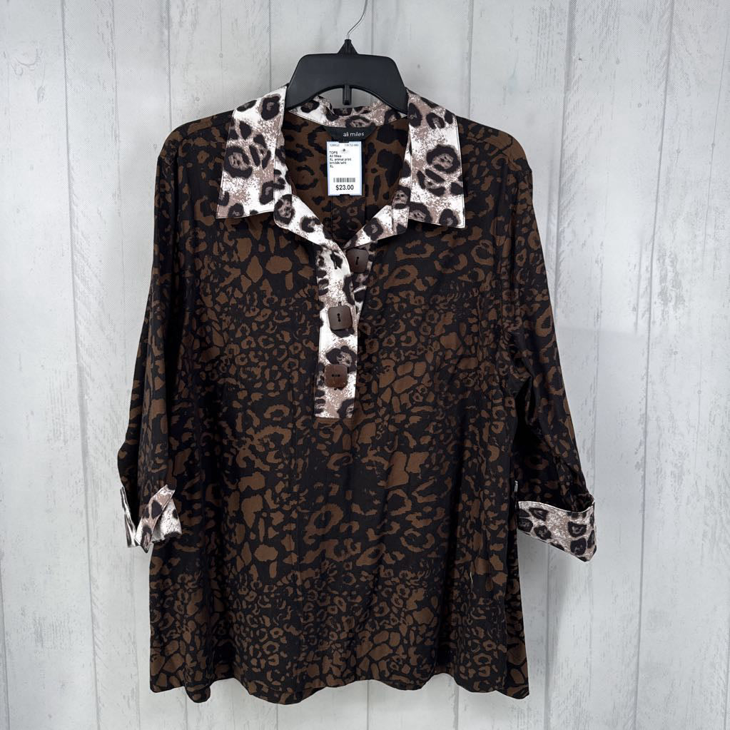 XL animal print quarter button down cuffed slv top