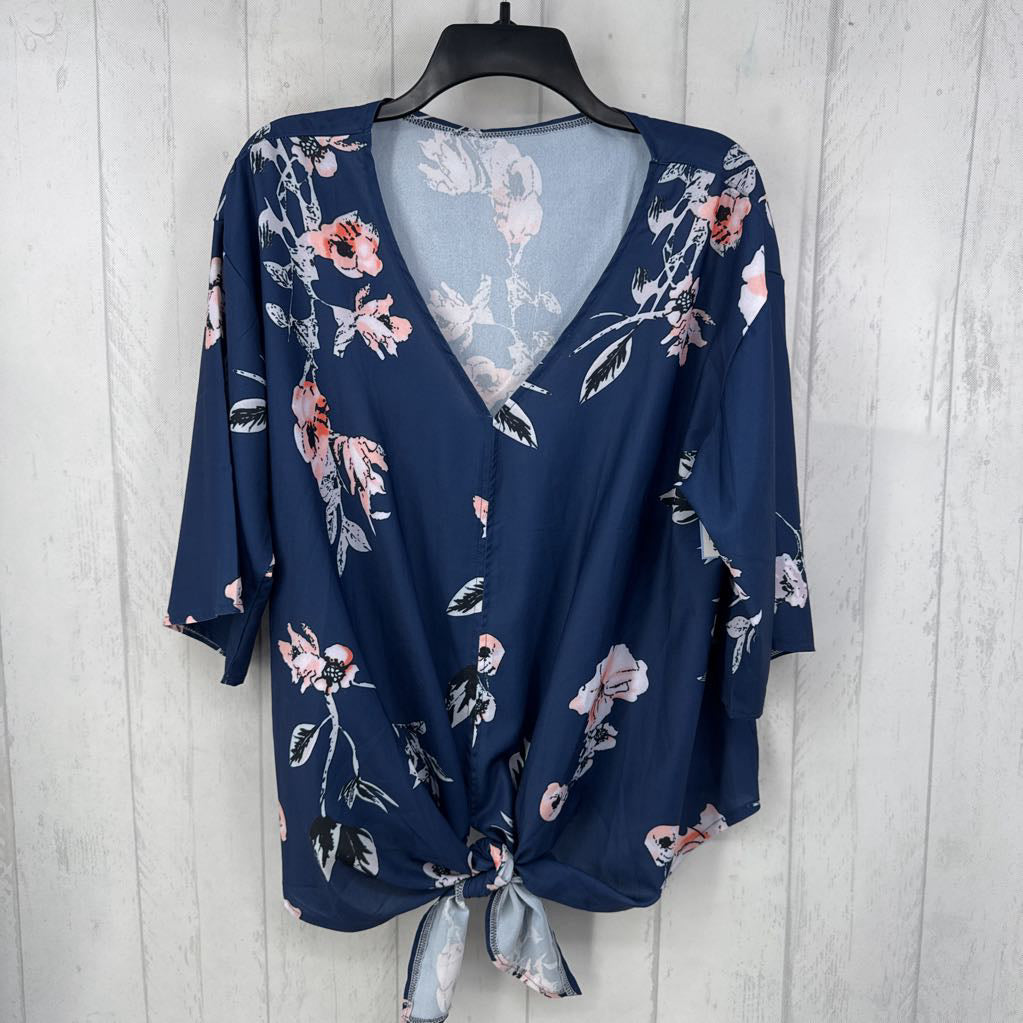 XL flo print v-neck tied hem elbow slv top