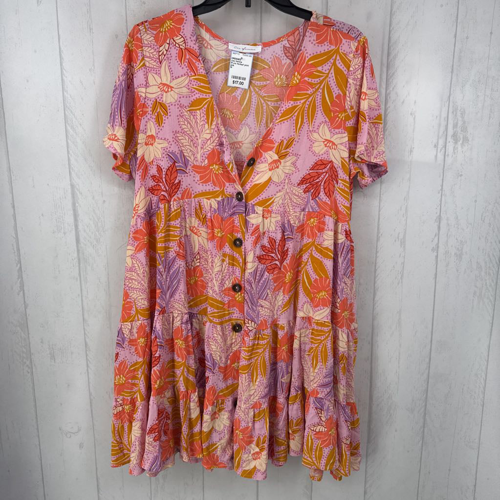 M s/s flo/leaf print button tiered ruffle dress