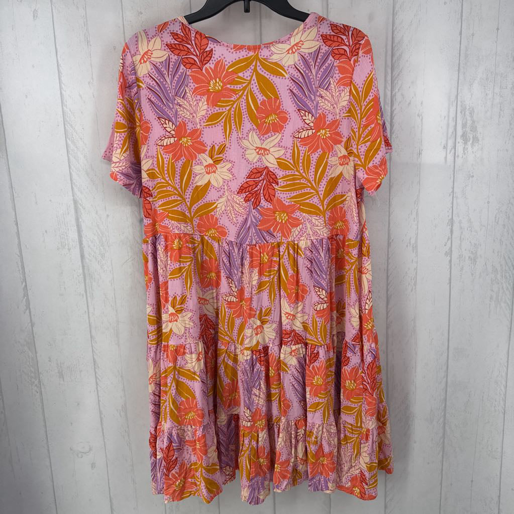 M s/s flo/leaf print button tiered ruffle dress