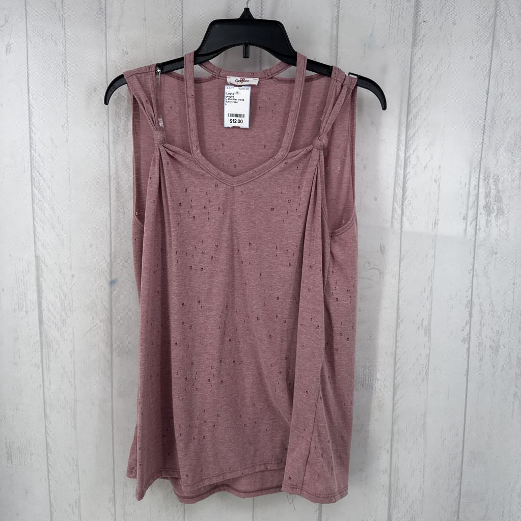 L shoulder strap knots distressed tank
