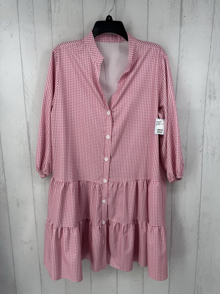 XL gingham print button down tiered 3/4 slv dress