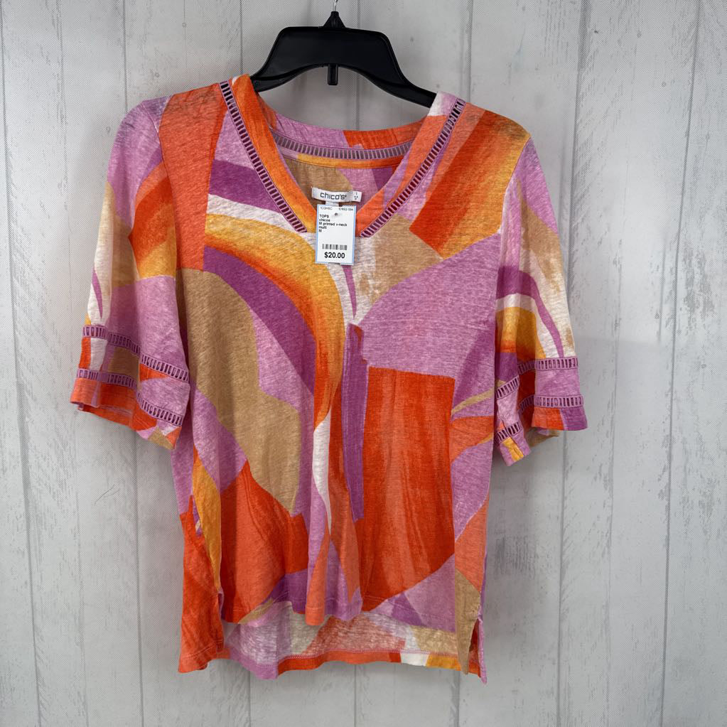 M printed v-neck ric-rac s/s top