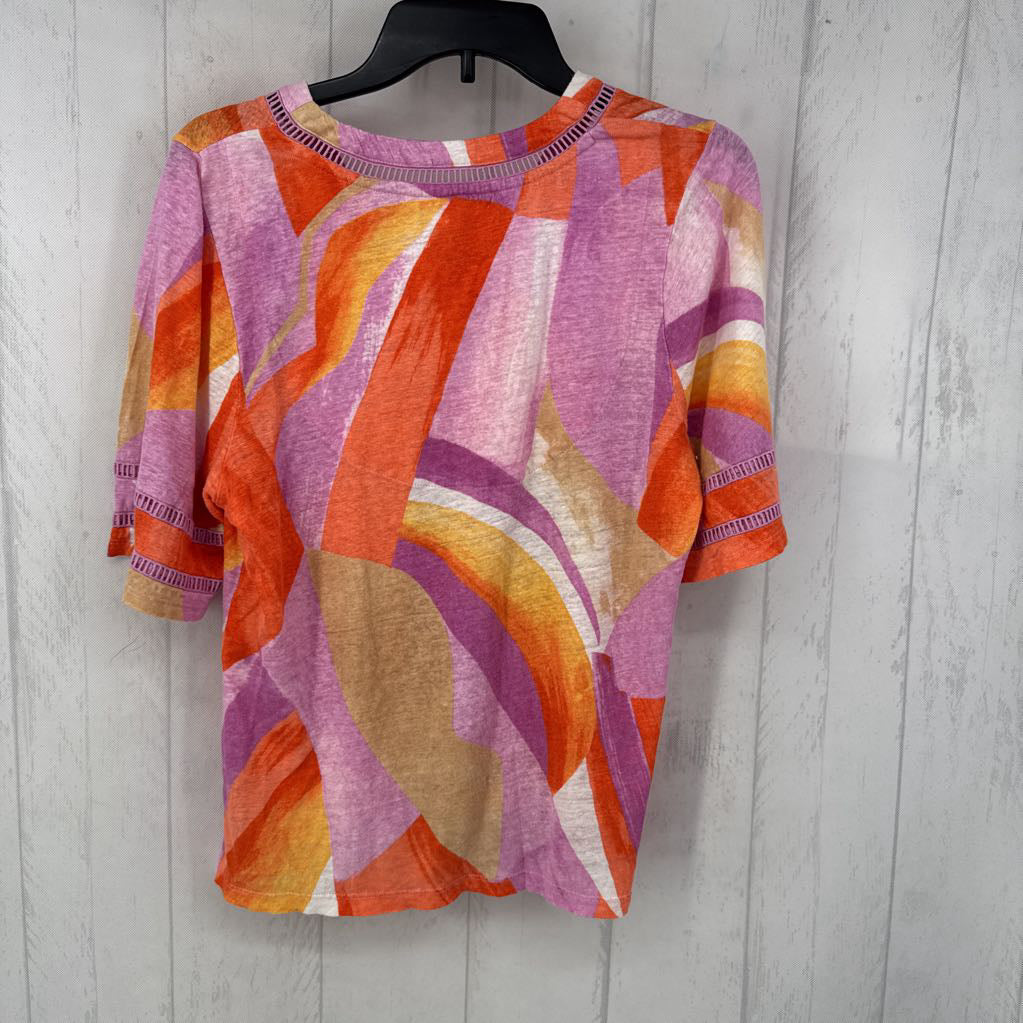M printed v-neck ric-rac s/s top
