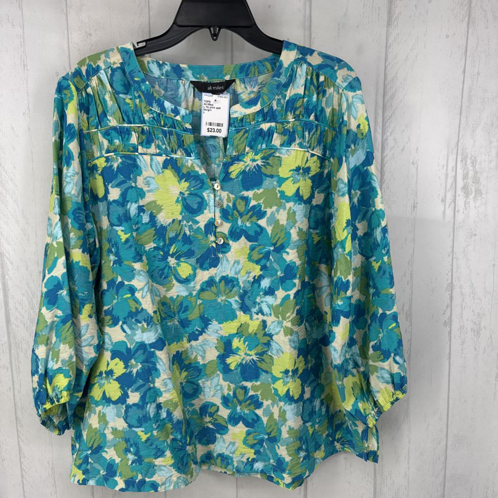 L flo print split neck l/s top