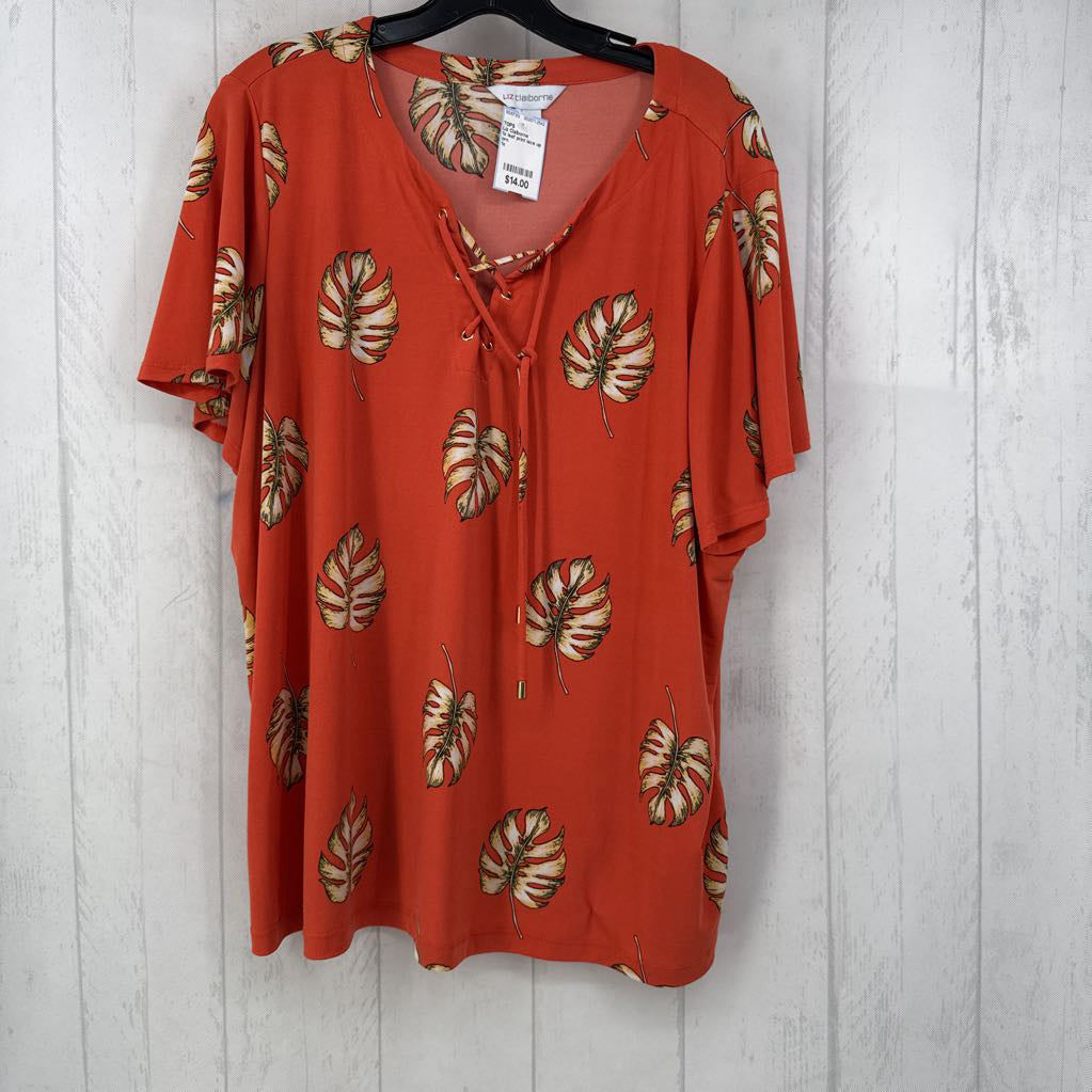 1x leaf print lace up top