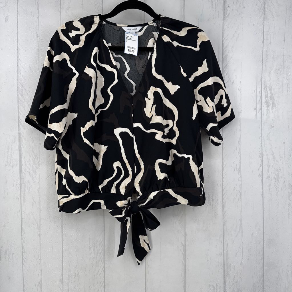 M s/s print v-neck knotted top