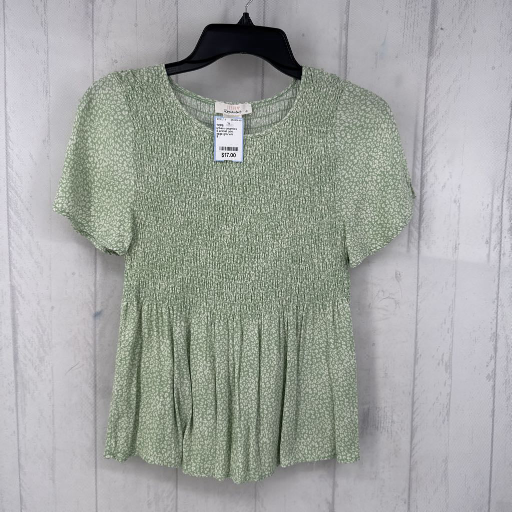 S animal print smocked s/s peplum top